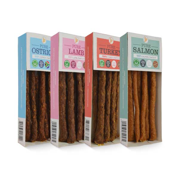 JR Pure Meat Sticks Variety Pack for Dogs | Ostrich, Lamb, Salmon & Turkey Grain-Free Chicken Free Hypoallergenic Treat Bundle