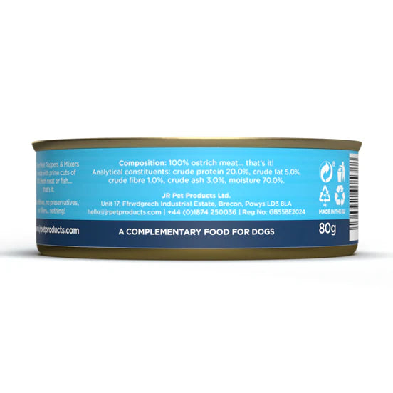 A 80g can of JR Pet Products Ltd. Ostrich wet food for dogs, showing the back label with ingredients and nutritional information on a white background.