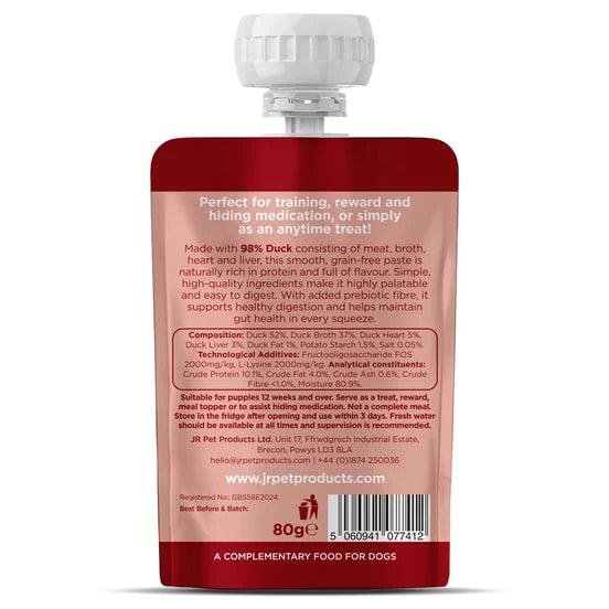JR Premium Duck Paste+ dog treat 80g – grain-free duck training paste ingredients back label