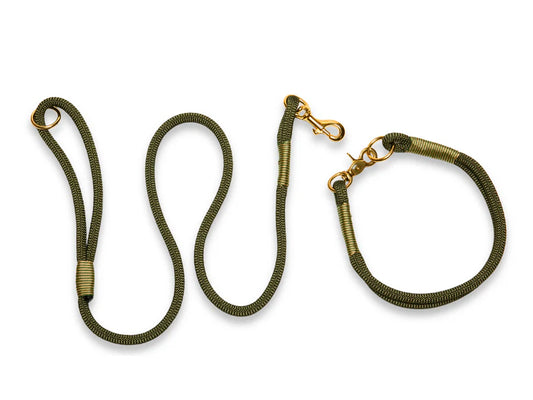 Army green rope collar and lead