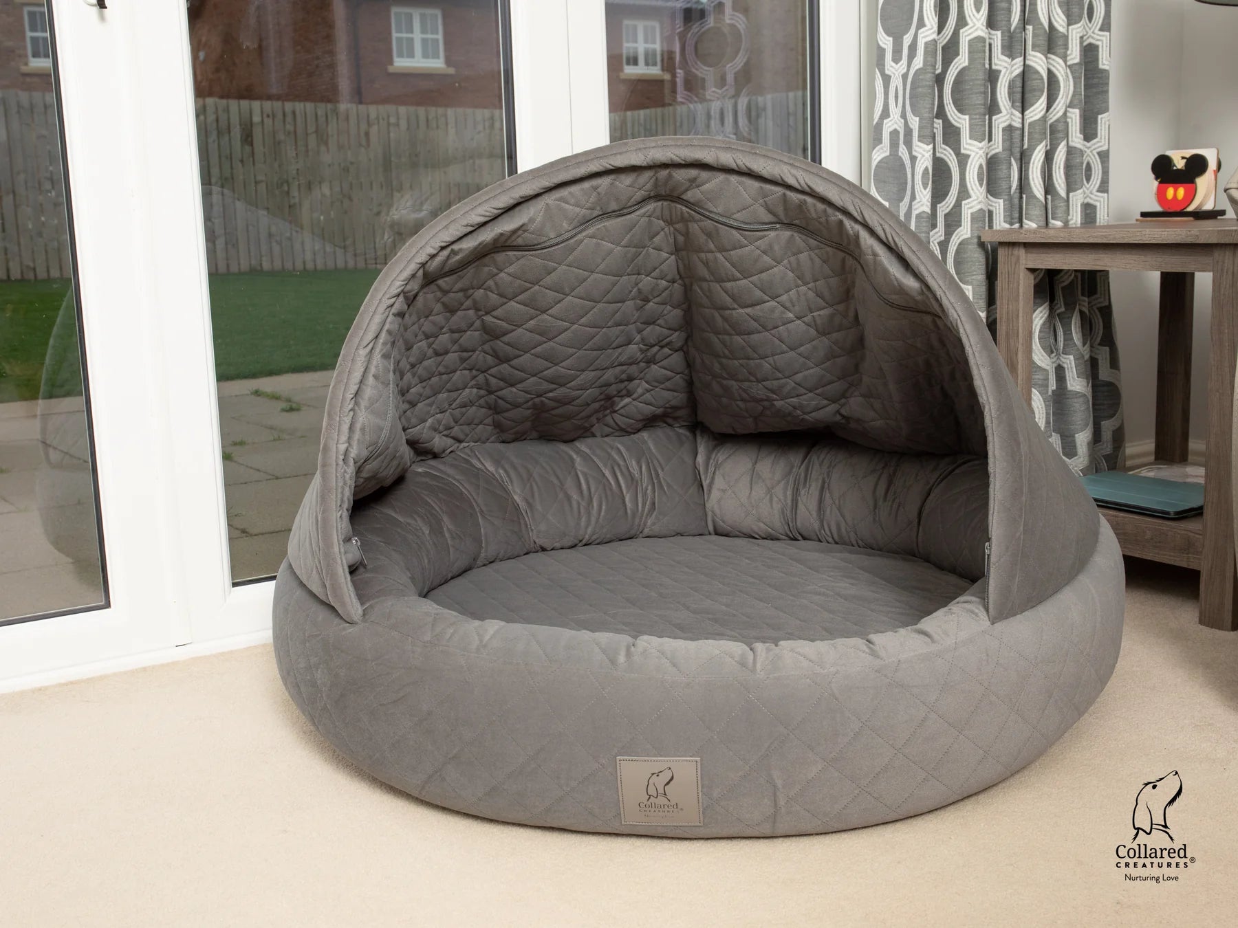 Collared creatures deluxe quilted velour cocoon cave bed grey
