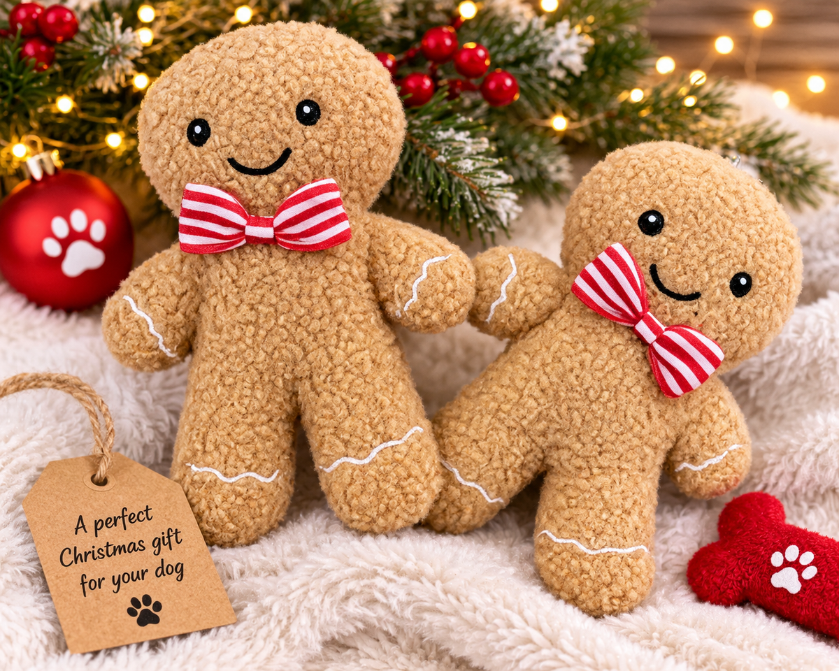 Gingerbread man squeaky dog toy with red and white striped bow, ideal Christmas dog gift and stocking filler