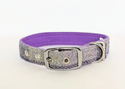 Lavender Block Harris Tweed Buckle dog collar
