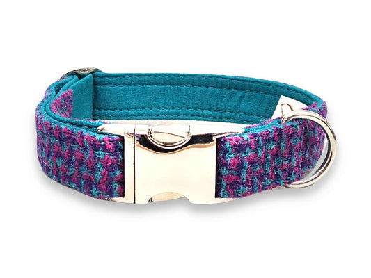 Harris Tweed Magenta, Violet & Teal Houndstooth Luxury Clasp Dog Collar
