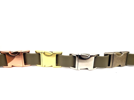 Olive Green Dog Collar Clasp options, available in Stainless Steel, Brass, Antique Brass and Rose Gold