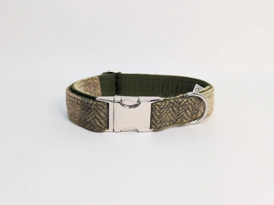 Harris Tweed Green Block Herringbone Dog Collar