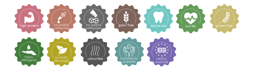 Duck Feet with informative tags highlighting protein, glucosamine, and hypoallergenic benefits.