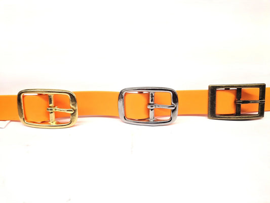 Collar buckle options, brass, steel, antique brass