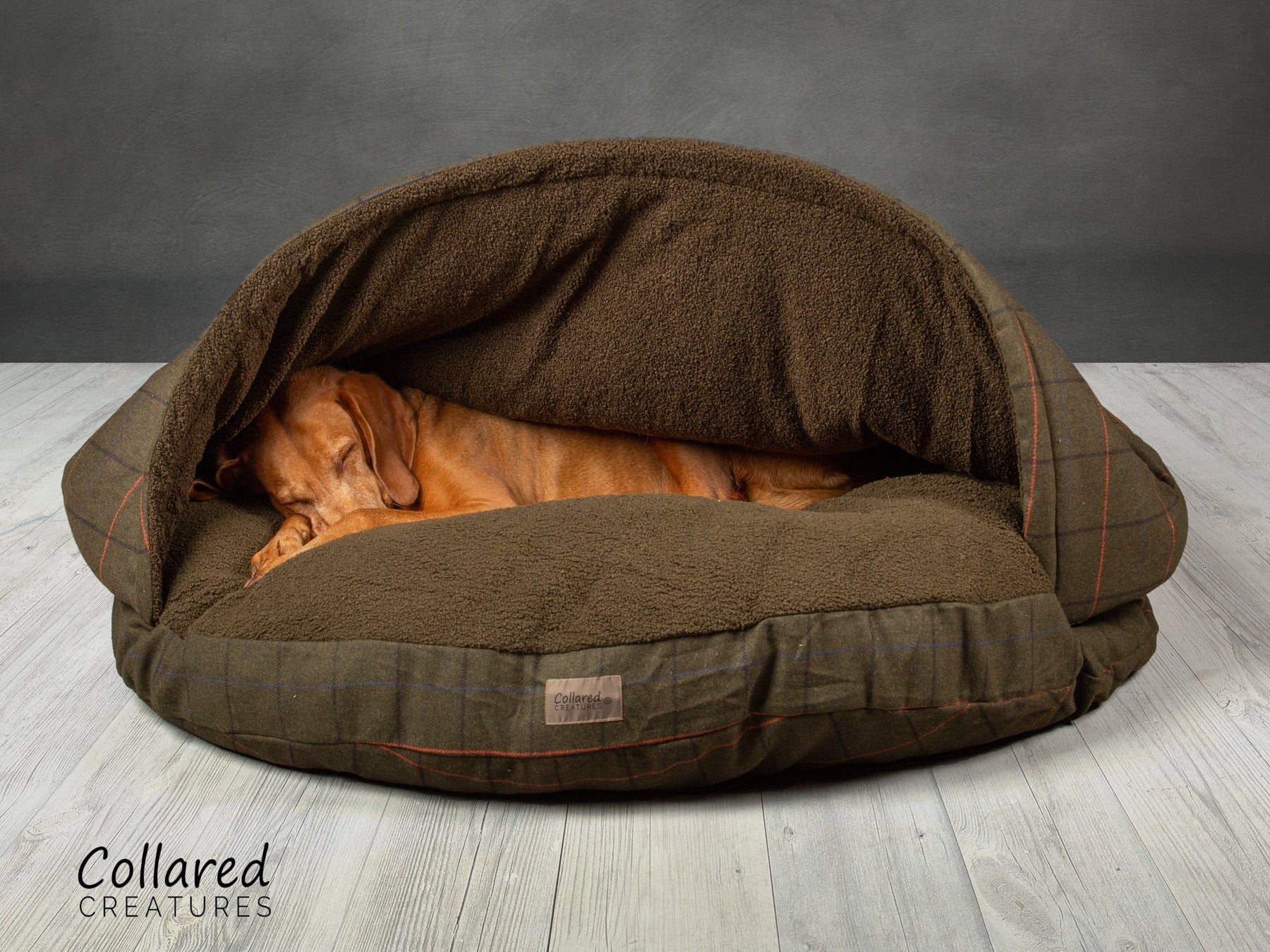 Collared Creatures Dog Cave bed green Tweed