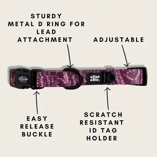 aDoraBle Pooch highland heather dog collar features