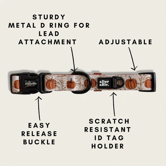 aDoraBle pooch pumpkin farm dog collar features