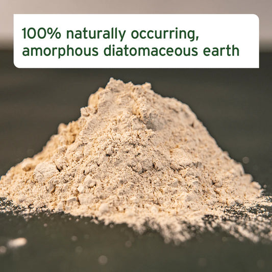 Amorphous diatomaceous earth with text indicating its natural occurrence
