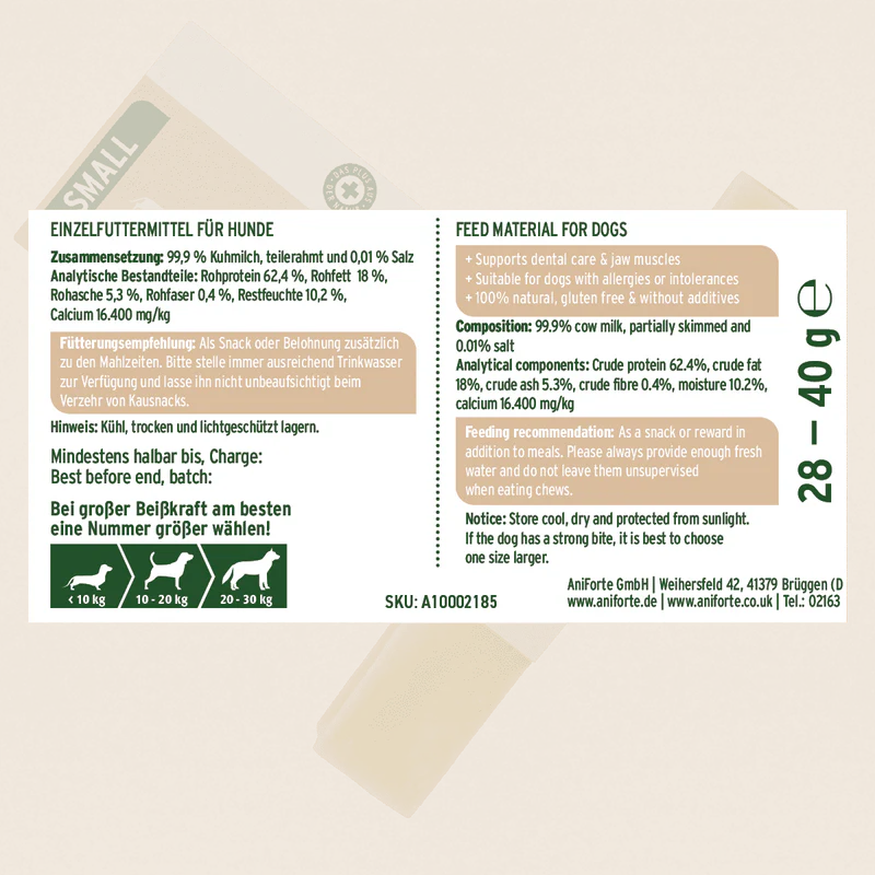 Dog food packaging label with text and nutritional information on a beige background