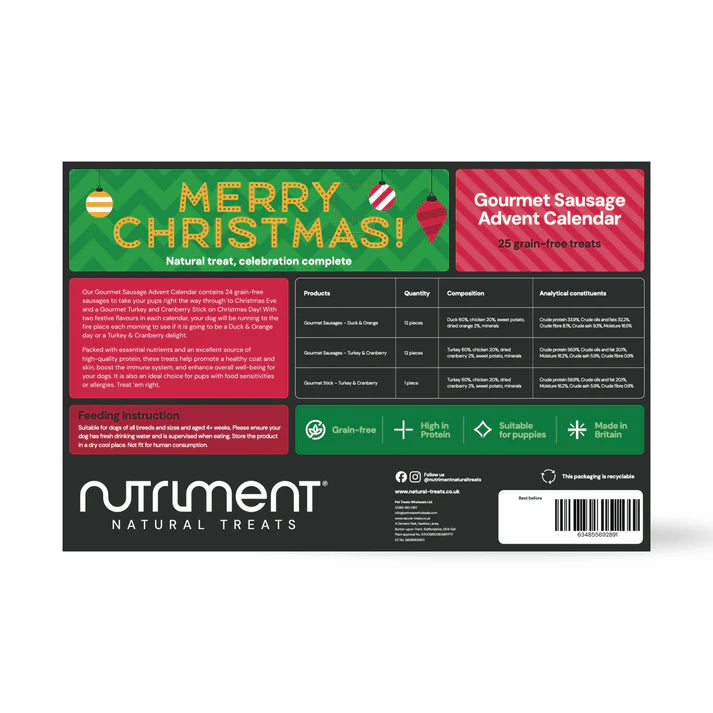 Nutriment Gourmet Sausage Advent Calendar packaging with festive design and product details.