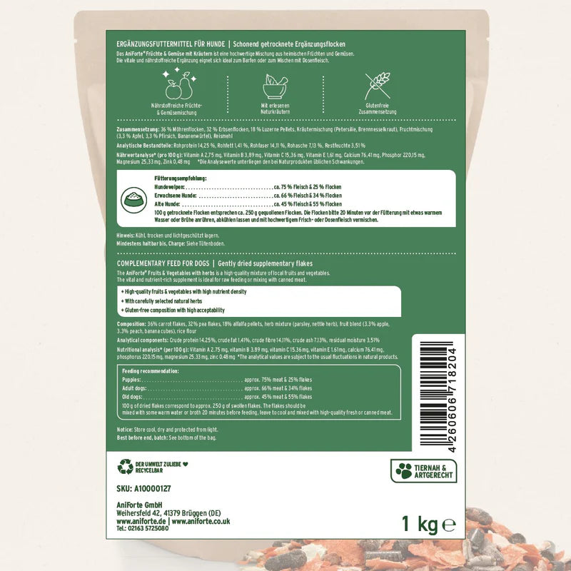 Back of a pet food package with text and a barcode on a green background