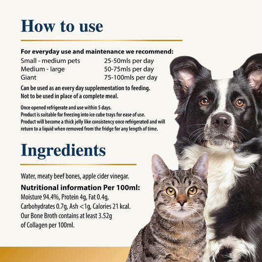 Bone Broth Pet supplement information with two dogs and a cat on a white background