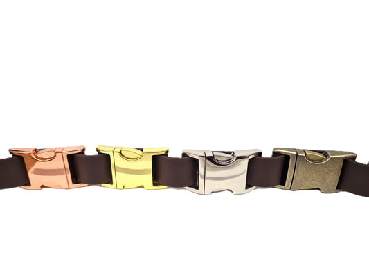 Dog Collar Metal clasp colour options. Available in brass, Stainless Steel, Antique Brass and Rose Gold