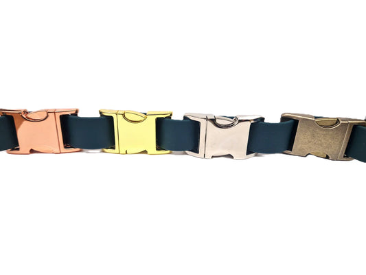 Dog Collar Metal Clasp options. Available in 4 colours Brass, Antique Brass, Rose Gold and Stainless Streel.