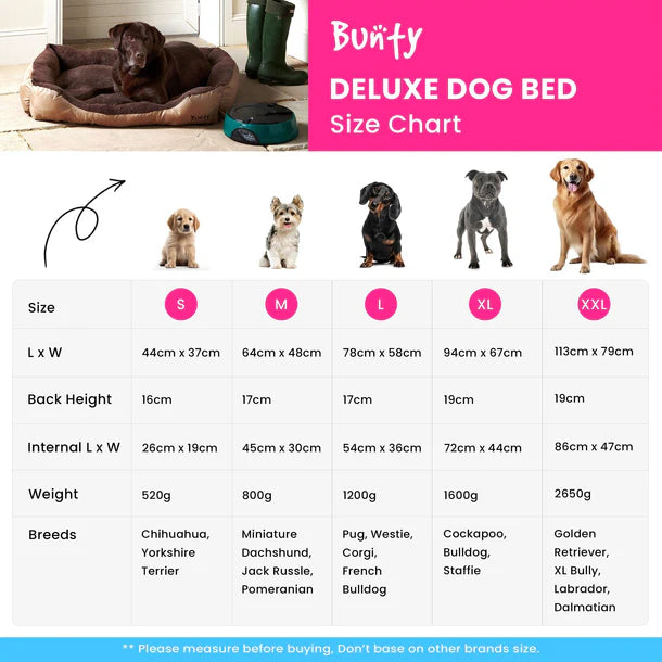 Bunty Fleece deluxe dog bed size guide