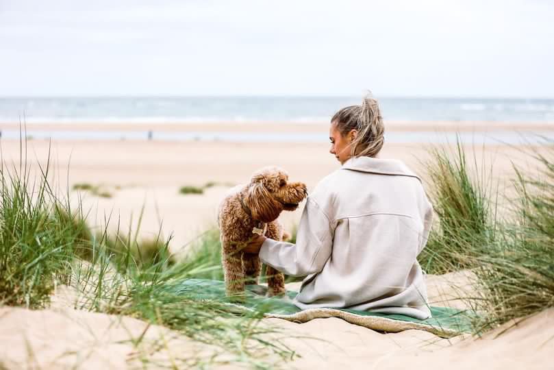 Woman sitting on a blanket with a dog on a sandy beach