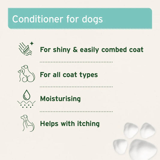 Dog conditioner product description with icons and text on a white background