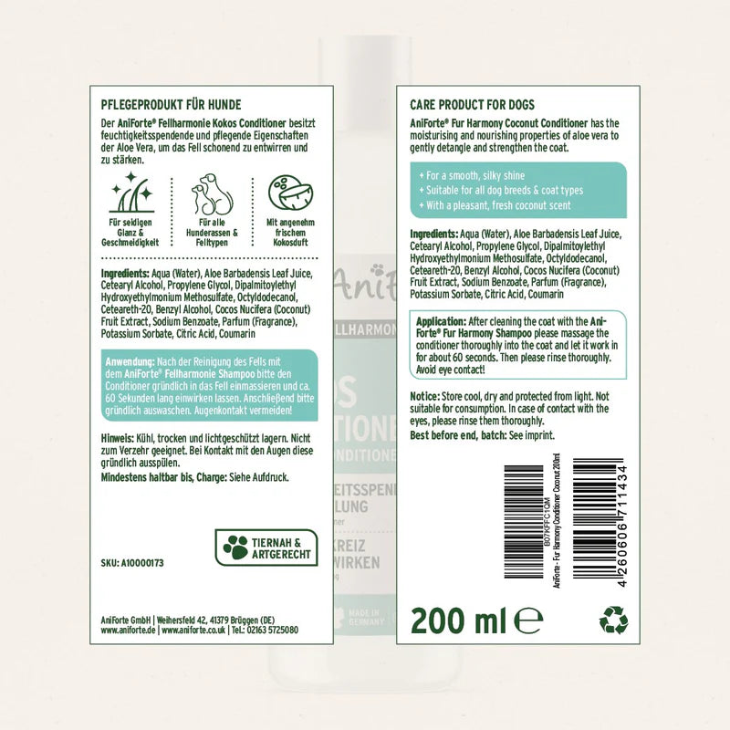 Dog care product label with text and icons on a white background
