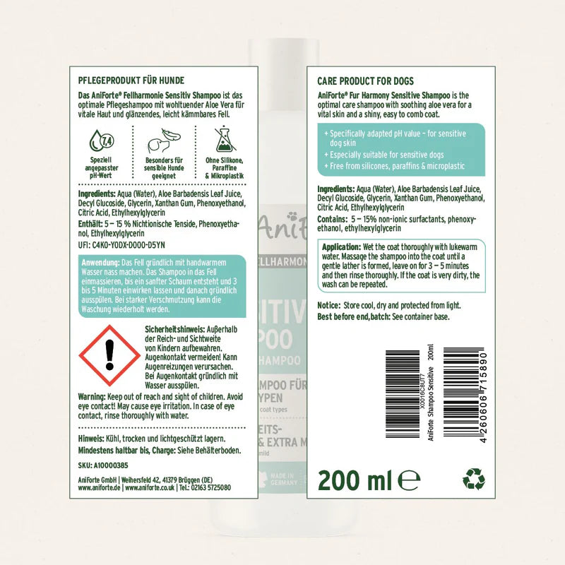 Fur Harmony Sensitive Dog Shampoo – Aloe Vera for Sensitive Skin Product label