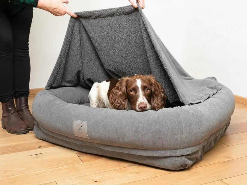 Collared creatures bolster bed with removable hood grey