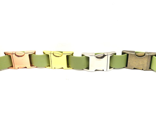 Personalised dog collar metal clasp colour options in Rose old, Antique Brass, Brass, Stainless Steel