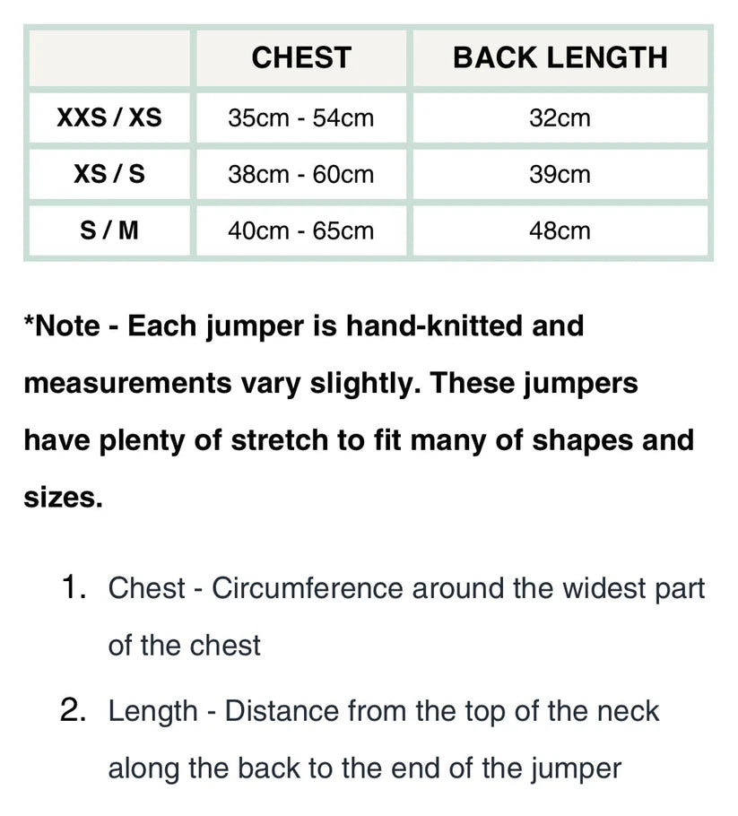 aDoraBle Pooch hand knitted dachshund jumper size guide