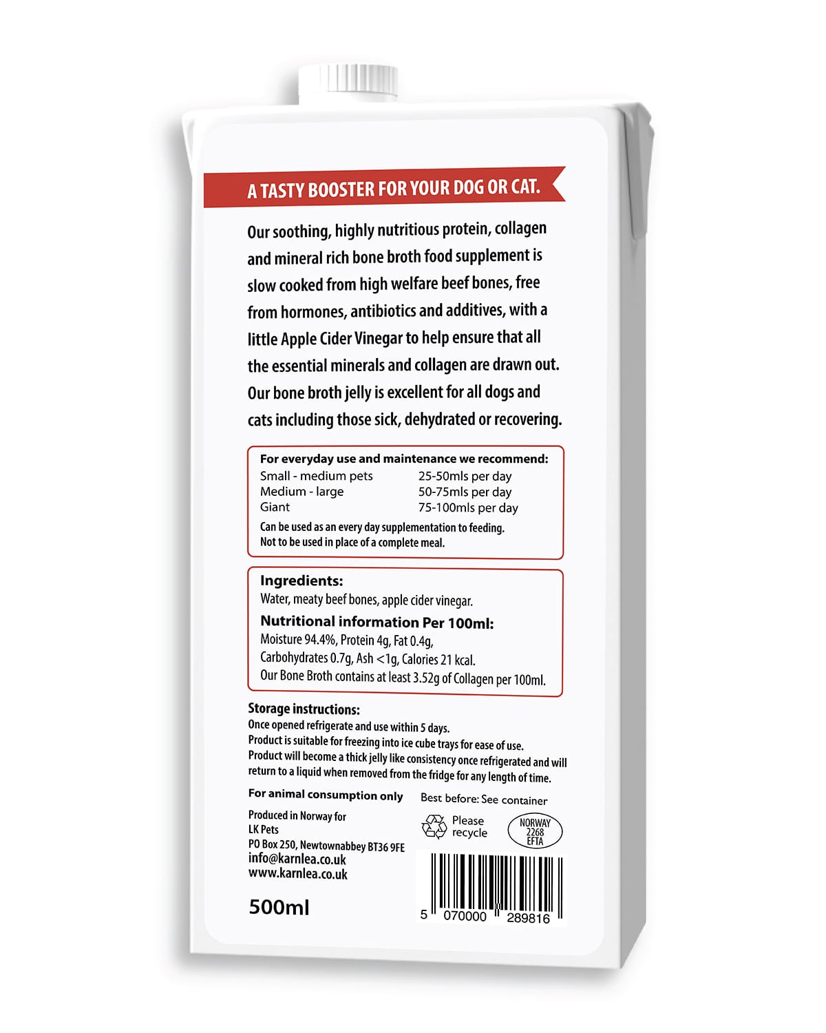 Back of a supplement package for dogs or cats with text and nutritional information.