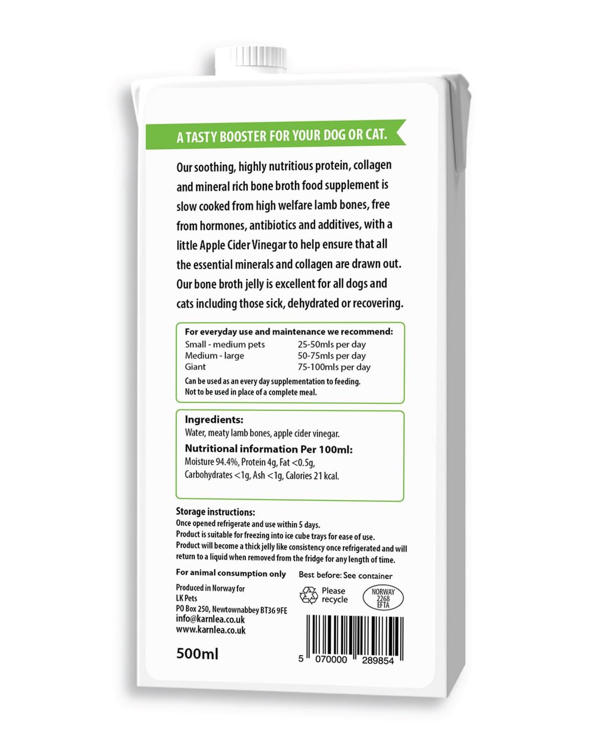 Supplement packaging for dogs and cats with text and nutritional information on a white background