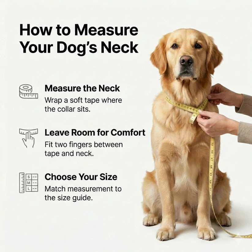 A golden retriever sits on a white background while a person wraps a measuring tape around its neck, with text on the left explaining how to measure a dog's neck collar.