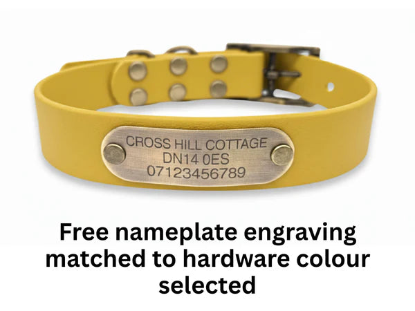 Waterproof biothane mustard buckle collar engraving