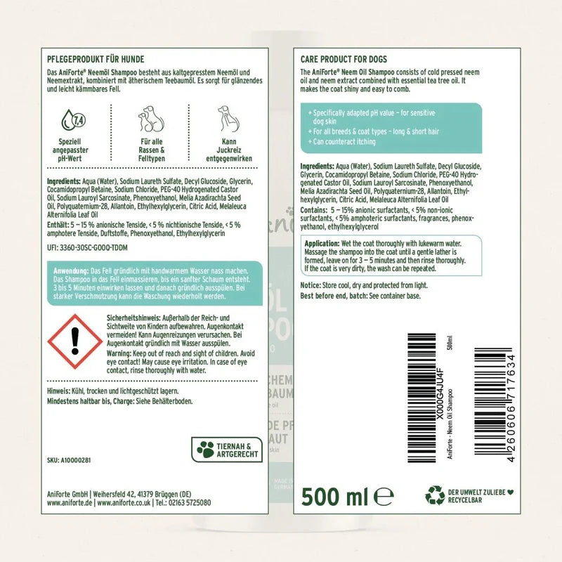 Dog shampoo label with text and product details on a light background