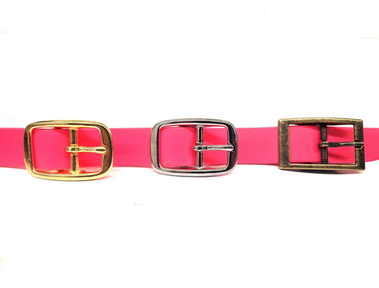Bright pink dog collar buckles