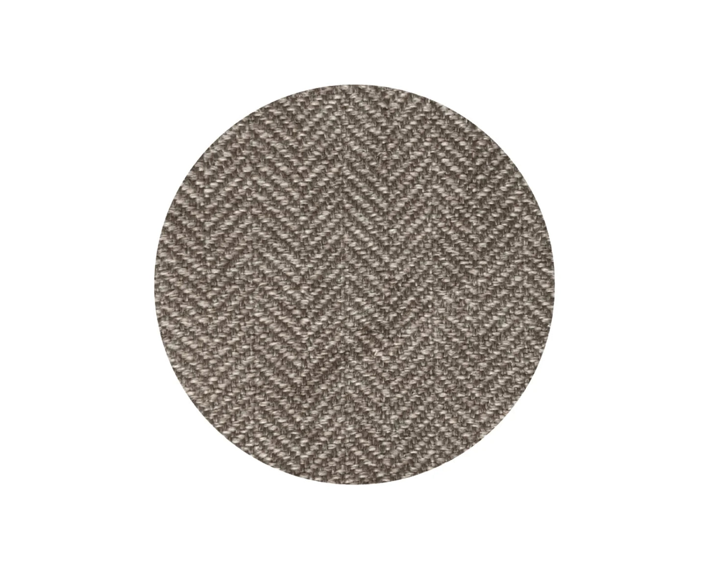 A circular fabric swatch showing a textured herringbone weave in a blend of taupe, brown, and gray tones, centered on a solid white background.
