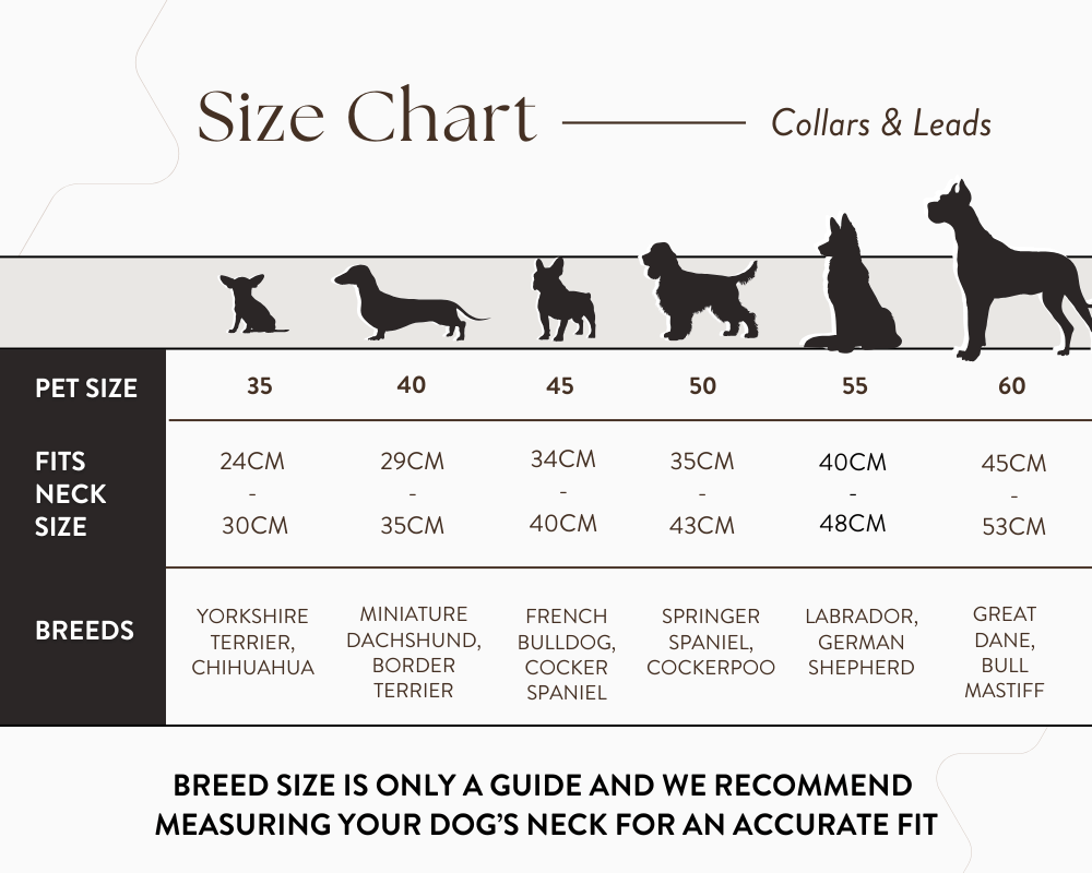 Size chart for dog collars and leads with breed guidelines.