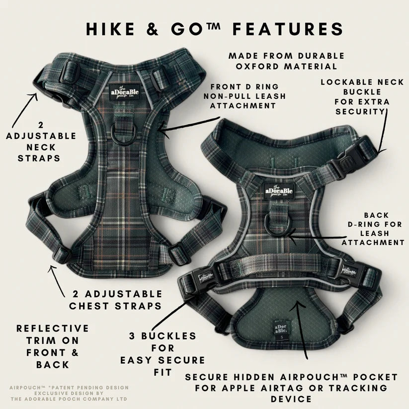 aDoraBle Pooch hike and go hunter green plaid dog harness features