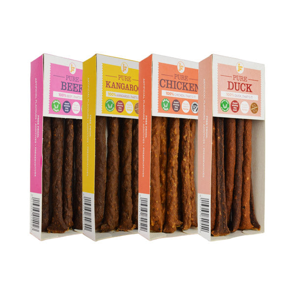JR Pure Meat Sticks Variety Pack for Dogs | 100% Natural Grain-Free Hypoallergenic Dog Treat Bundle, Beef, Chicken, Duck & Kangaroo