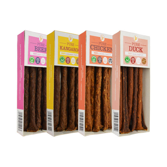 JR Pure Meat Sticks Variety Pack for Dogs | 100% Natural Grain-Free Hypoallergenic Dog Treat Bundle, Beef, Chicken, Duck & Kangaroo