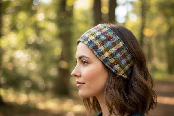 Woman wearing a plaid headband in a forest setting
