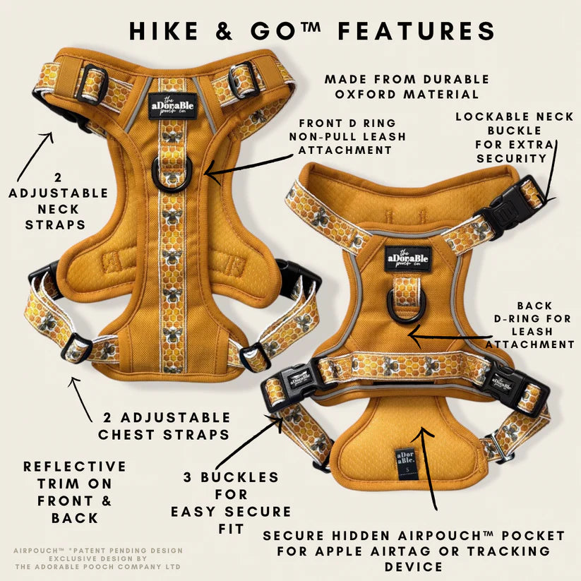 Honeycomb Hive Dog Harness – AirTag Pocket, No Pull, Adjustable Hiking Harness