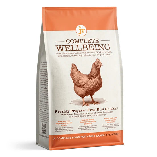 JR Complete Wellbeing Free-Run Chicken Dog Food. Grain-free adult dog food with 78% of protein from chicken. Complete, balanced nutrition. 25k