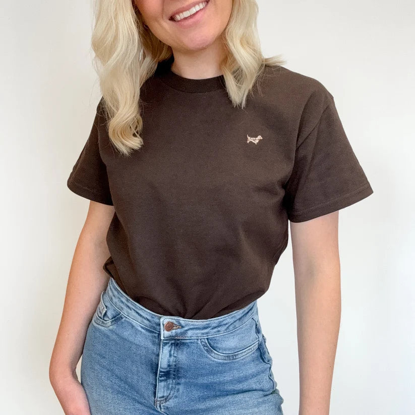Adorable Pooch Embroidered Dachshund T-Shirt | Sausage Dog T-Shirt Chocolate Brown