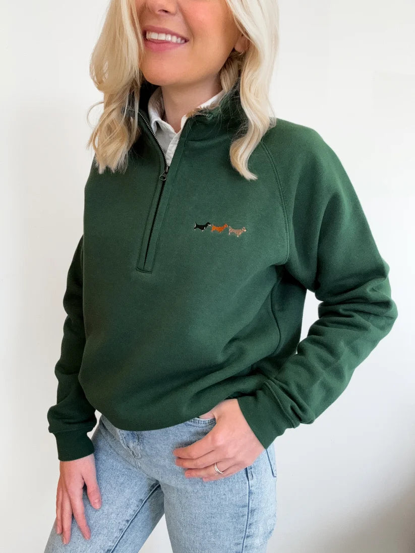 Embroidered Dachshund Zip Neck Sweatshirt – Forest Green from Adorable Pooch