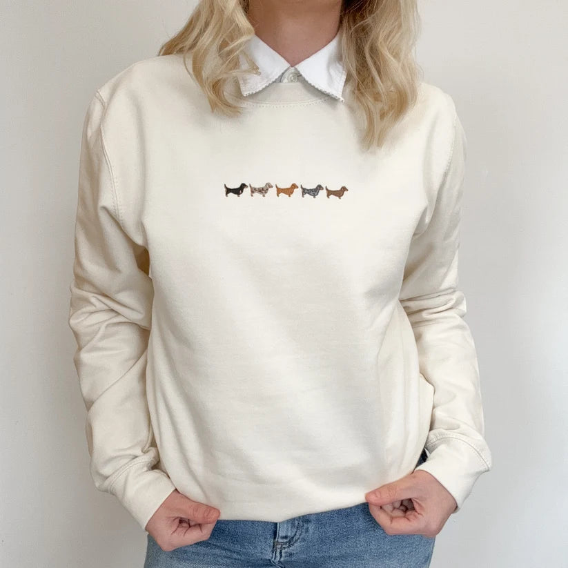 Adorable Pooch Dachshund Embroidered Sweatshirt | Vanilla