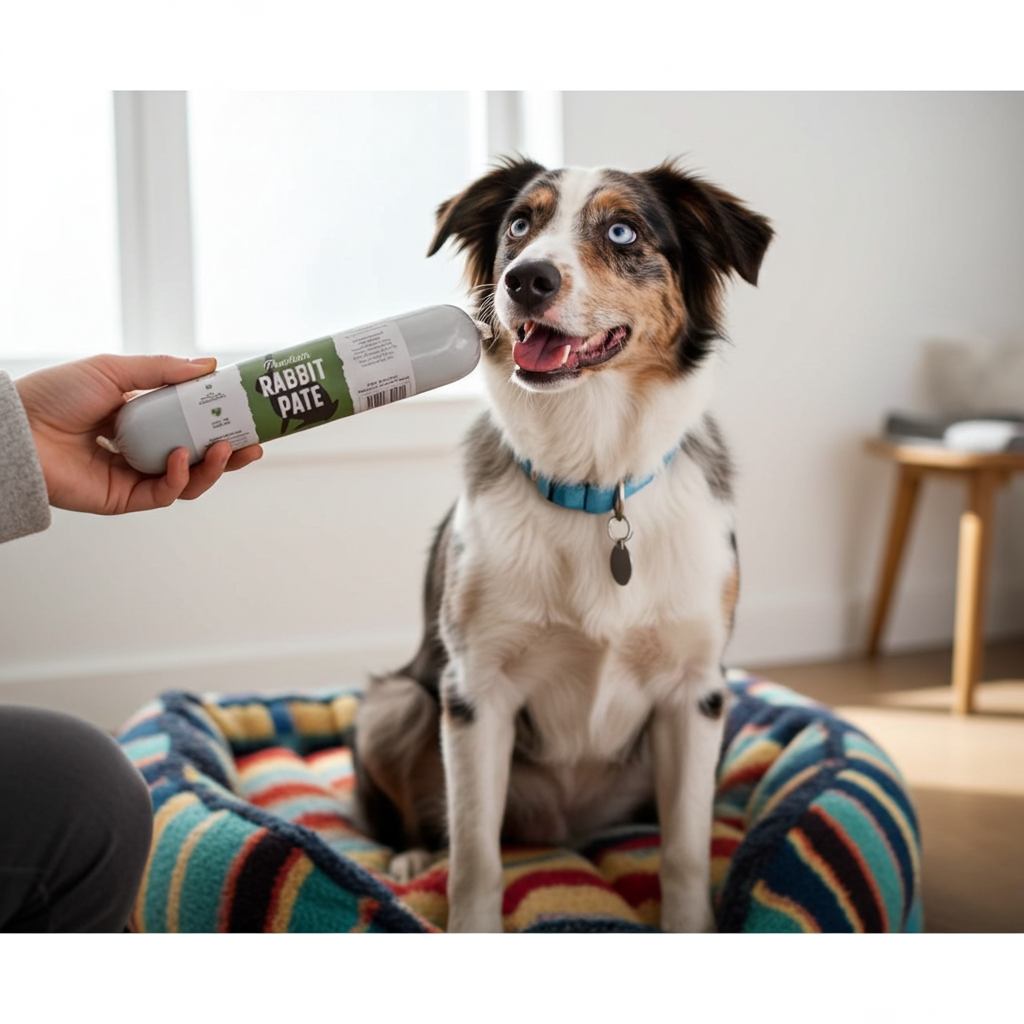 Dog sitting on a colorful bed with a person holding a product labeled 'Rabbit Pate' in a home setting.