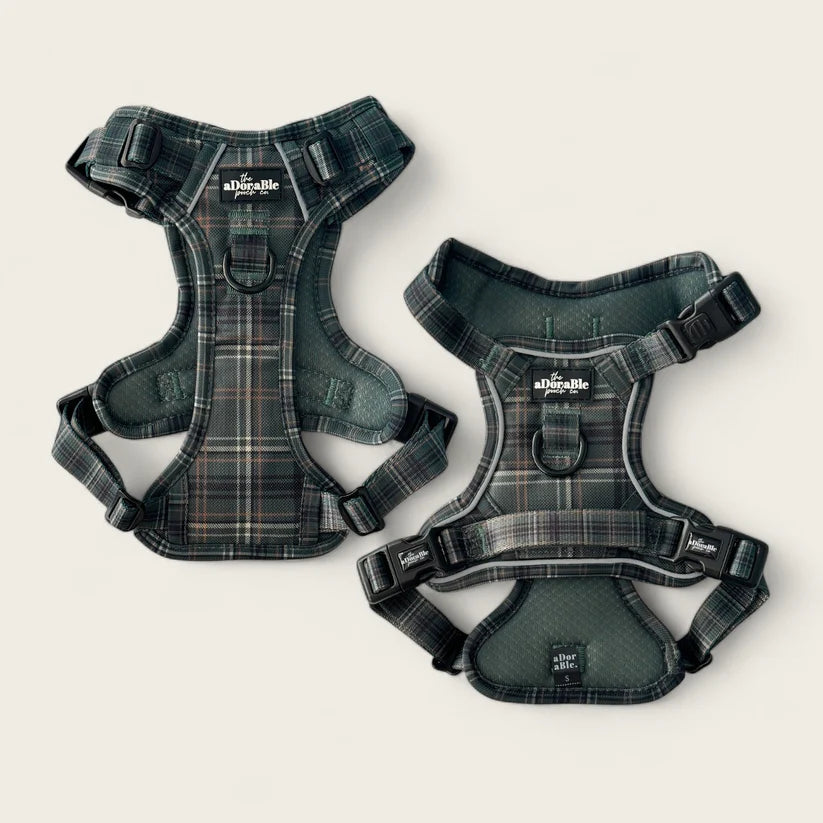 aDoraBle Pooch hike and go hunter green plaid dog harness