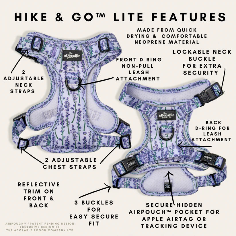 aDoraBle Pooch lavender haze hike and go lite harness features
